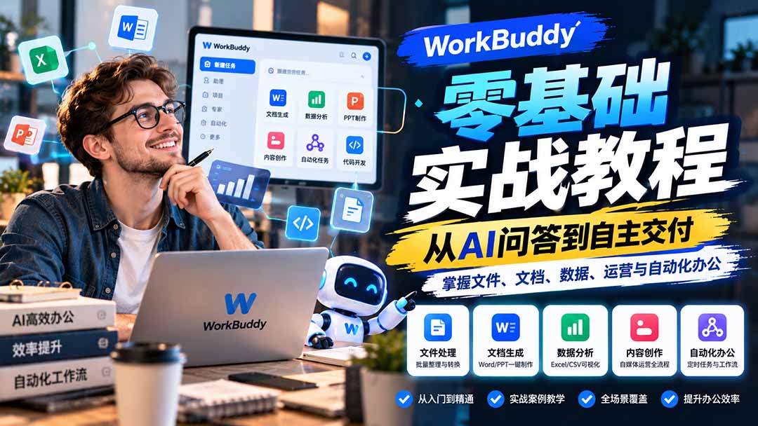 WorkBuddy零基础实战教程：从AI问答到自主交付，掌握文件、文档、数据、运营与自动化办公-资源宝库