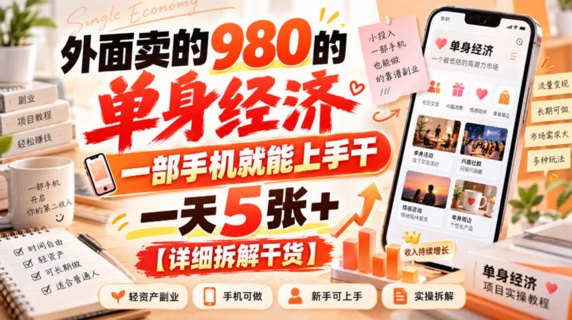 外面卖的980的单身经济，一部手机就能上手干，一天5张+【详细拆解干货】-资源宝库