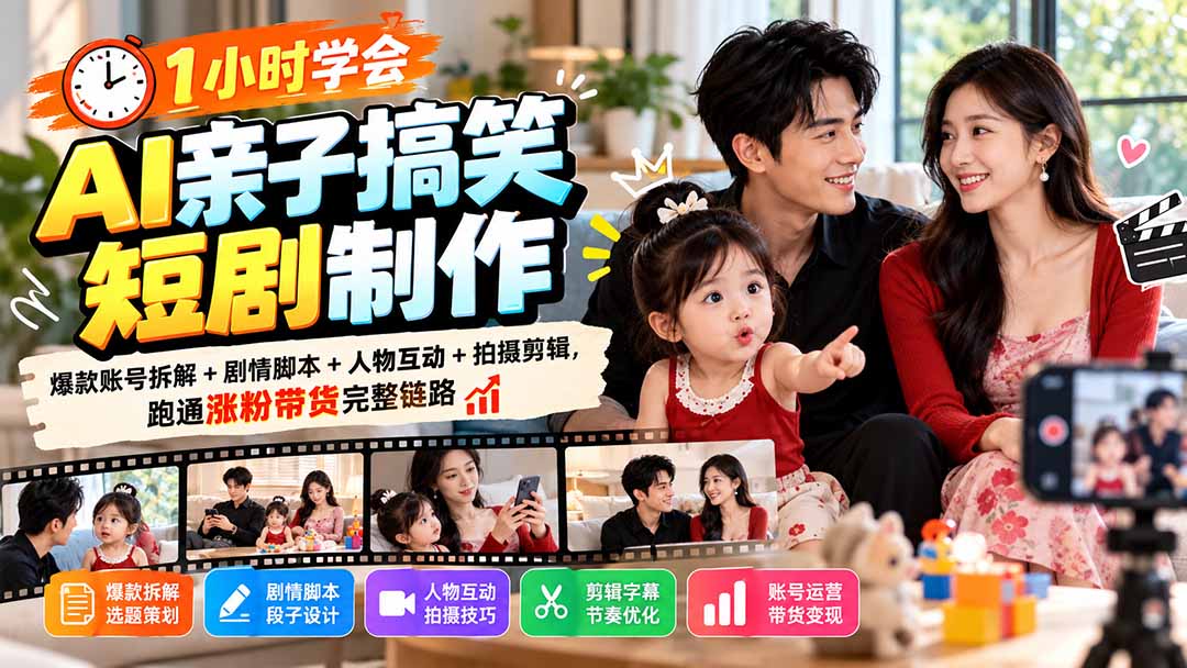 1小时学会AI亲子搞笑短剧制作：爆款账号拆解+剧情脚本+人物互动+拍摄剪辑，跑通涨粉带货完整链路-资源宝库