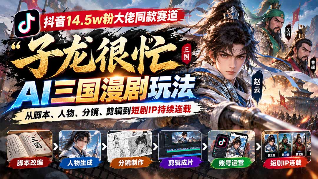 抖音14.5w粉大佬同款赛道「子龙很忙」AI三国漫剧玩法：从脚本、人物、分镜、剪辑到短剧IP持续连载-资源宝库
