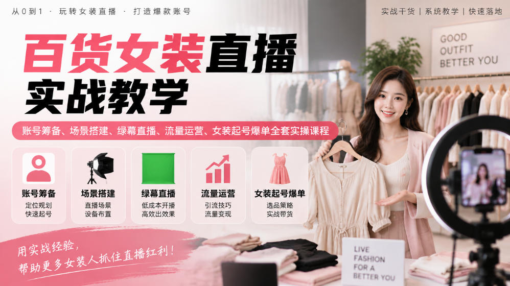 百货女装直播实战教学｜账号筹备、场景搭建、绿幕直播、流量运营、女装起号爆单全套实操课程-资源宝库