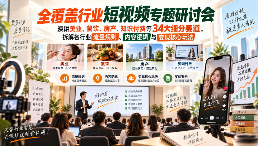 短视频专题研讨会，深耕美业、餐饮、房产、知识付费等34大细分赛道，拆解各行业流量规则、内容逻辑与变现核心玩法(更新1011)-资源宝库