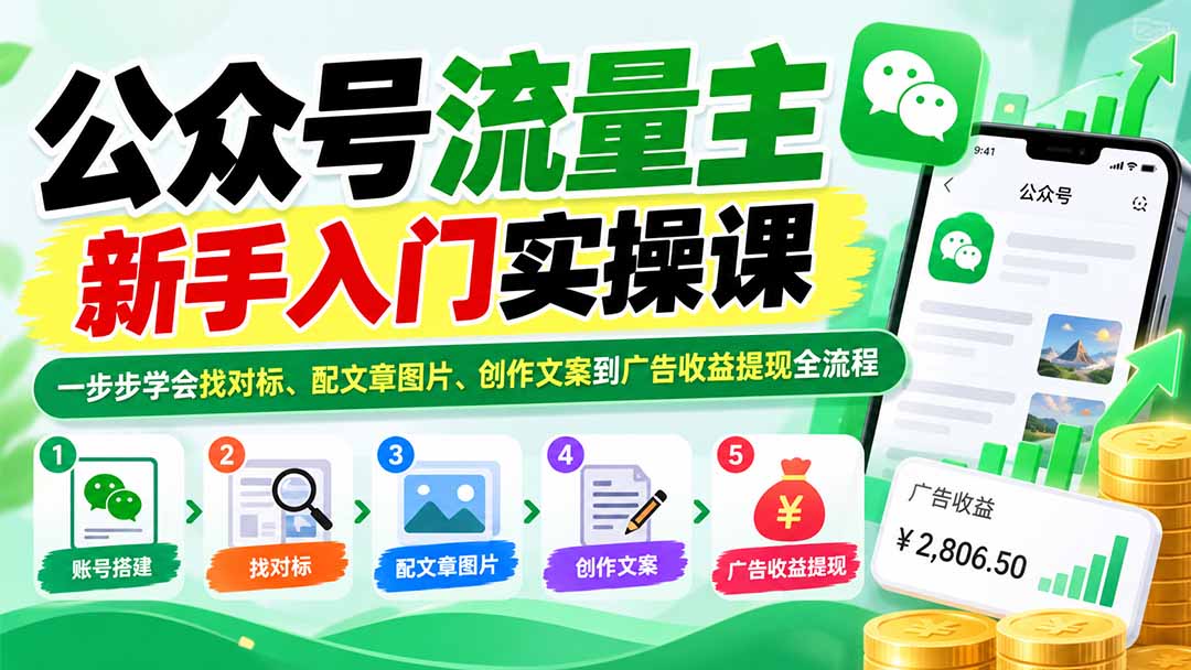 公众号流量主新手入门实操课：一步步学会找对标、配文章图片、创作文案到广告收益提现全流程-资源宝库