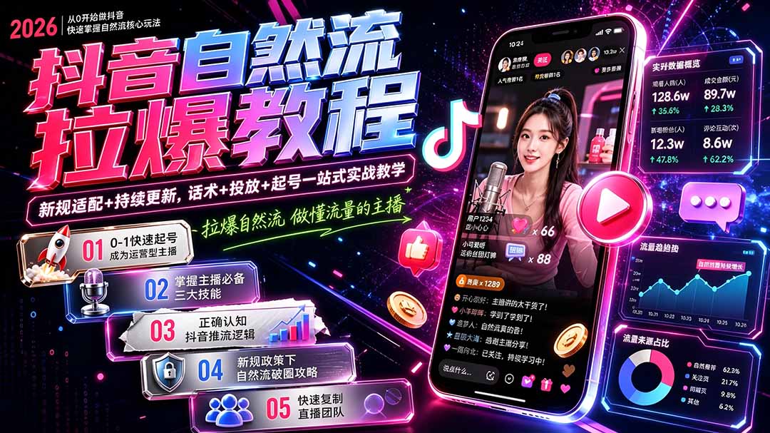 抖音自然流拉爆教程-更新1002：做懂流量的主播，新规适配+持续更新，话术+投放+起号一站式实战教学-资源宝库
