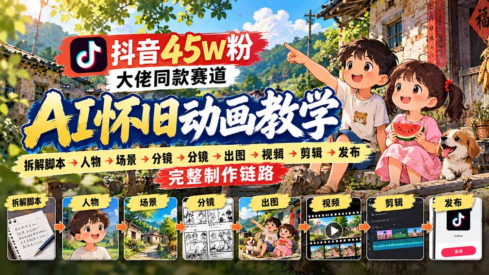 抖音45W粉大佬同款赛道AI怀旧动画教学：拆解脚本→人物→场景→分镜→出图→视频→剪辑→发布完整制作链路-资源宝库