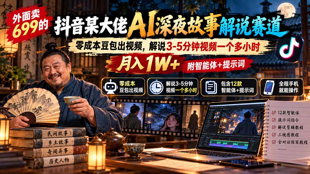 外面卖699抖音某大佬AI深夜故事解说赛道-更新：0成本豆包出视频+解说3-5分钟视频一个多小时，月入1W+附智能体+提示词-资源宝库