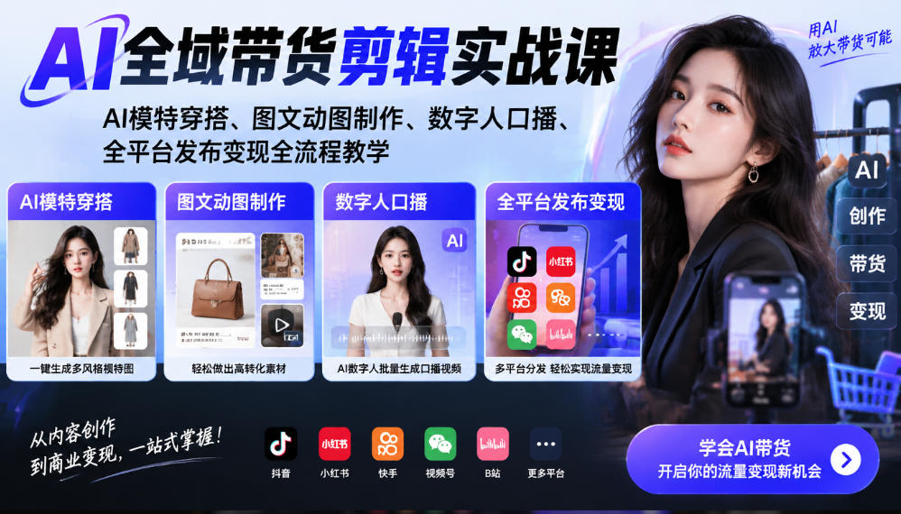AI全域带货剪辑实战课｜AI模特穿搭、图文动图制作、数字人口播、全平台发布变现全流程教学-资源宝库