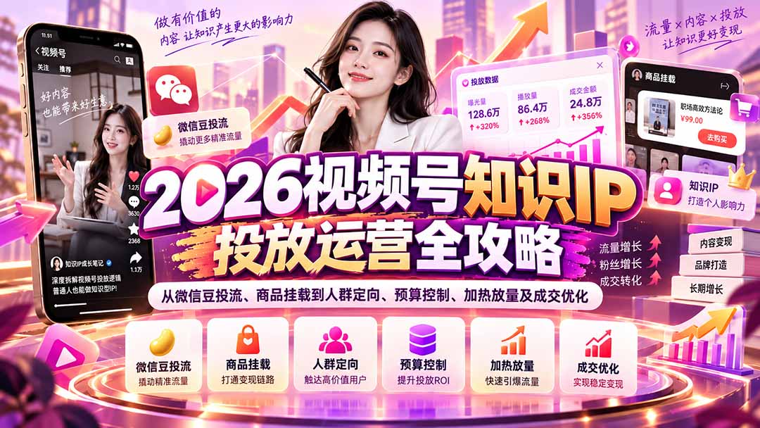 2026视频号知识IP投放运营全攻略：从微信豆投流、商品挂载到人群定向、预算控制、加热放量及成交优化-资源宝库