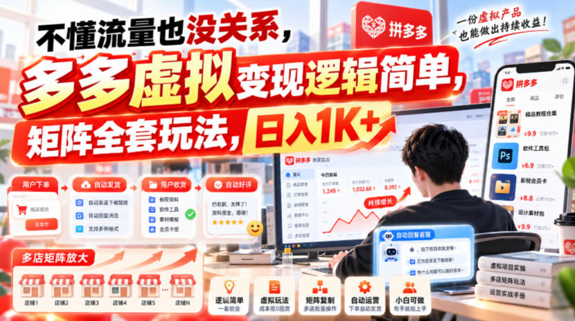 不懂流量也没关系，多多虚拟变现逻辑简单，矩阵全套玩法，日入1K+【揭秘】-资源宝库
