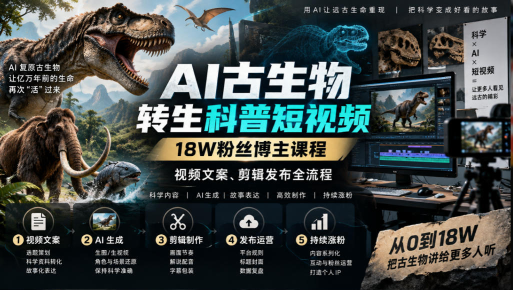 AI古生物转生科普短视频，18W粉丝博主课程，视频文案、剪辑发布全流程-资源宝库