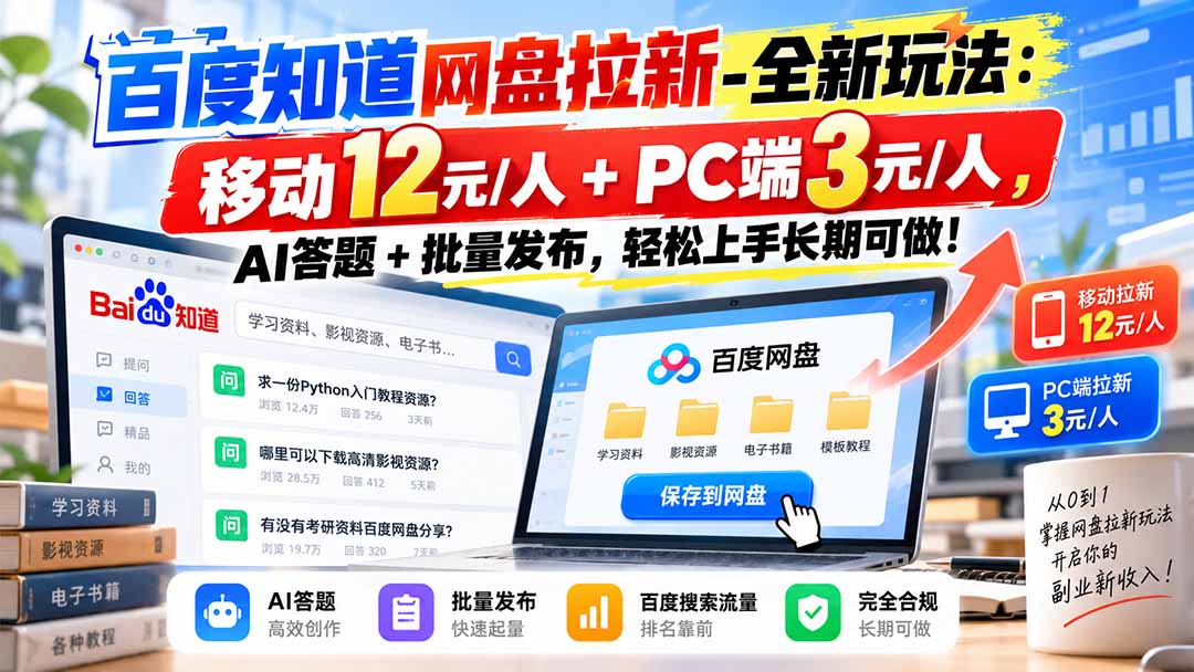 百度知道网盘拉新-全新玩法：移动12元/人+PC端3元/人，AI答题+批量发布，轻松上手长期可做！-资源宝库