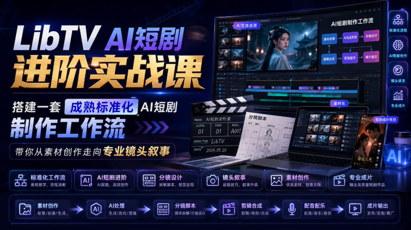 LibTV AI短剧进阶实战课，搭建一套成熟标准化AI短剧制作工作流，带你从素材创作走向专业镜头叙事(更新)-资源宝库