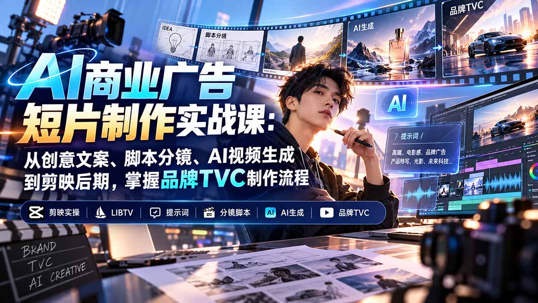 AI商业广告短片制作实战课：从创意文案、脚本分镜、AI视频生成到剪映后期，掌握品牌TVC制作流程-资源宝库