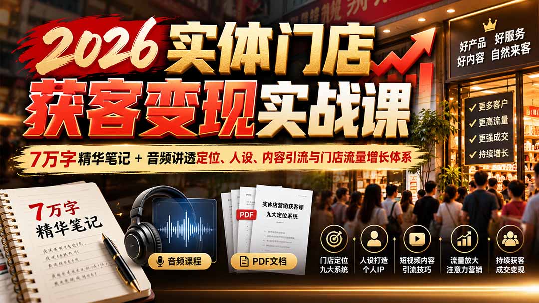 2026实体门店获客变现实战课：7万字精华笔记+音频讲透定位、人设、内容引流与门店流量增长体系-资源宝库