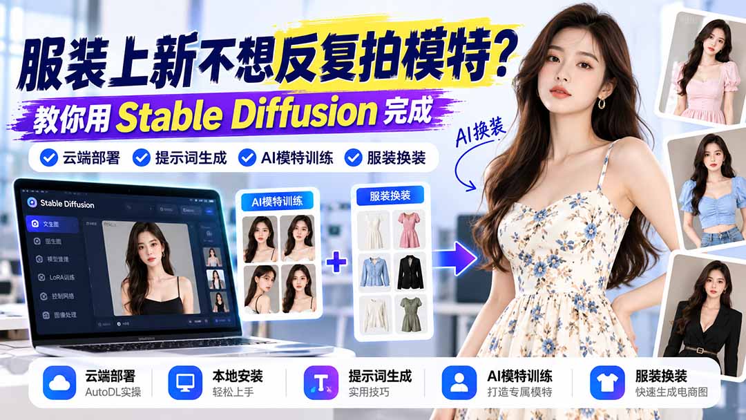 服装上新不想反复拍模特？教你用Stable Diffusion完成云端部署、提示词生成、AI模特训练与换装-资源宝库
