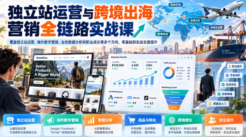 独立站运营与跨境出海营销全链路实战课，覆盖独立站运营、海外数字营销、业务数据分析和职业成长等多个方向，零基础到实战全面提升-资源宝库