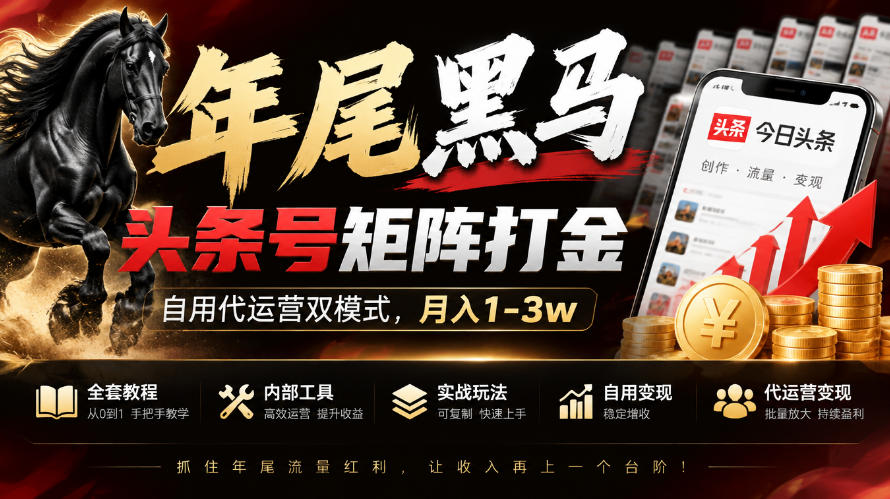 【年尾黑马】头条号矩阵打金，自用代运营双模式，月入1-3w，附全套教程及内部工具【揭秘】-资源宝库