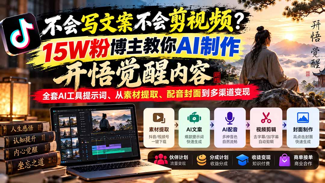不会写文案不会剪视频？15W粉博主教你AI制作开悟觉醒内容，全套AI工具提示词、从素材提取、配音封面到多渠道变现-资源宝库