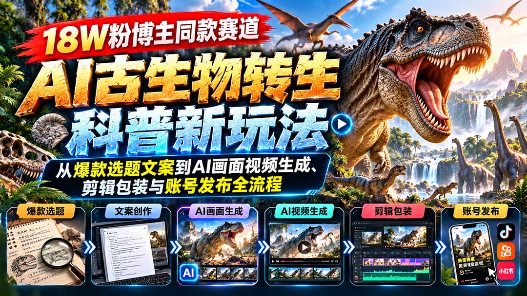 18W粉博主同款赛道-AI古生物转生科普新玩法：从爆款选题文案到AI画面视频生成、剪辑包装与账号发布全流程-资源宝库