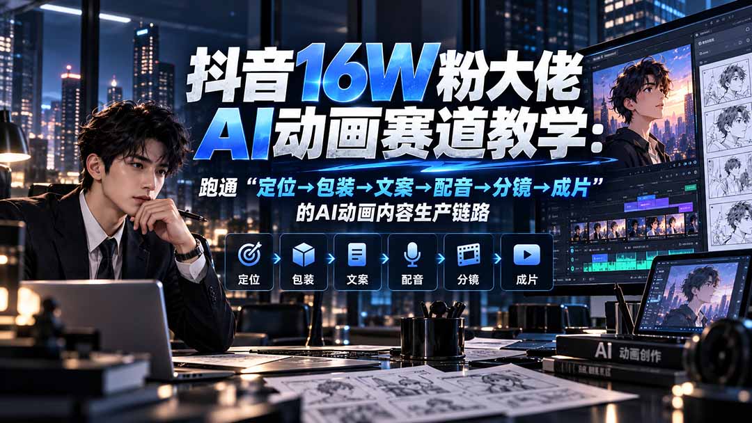抖音16W粉大佬规则门禁AI动画赛道教学：跑通“定位→包装→文案→配音→分镜→成片”的AI动画内容生产链路-资源宝库