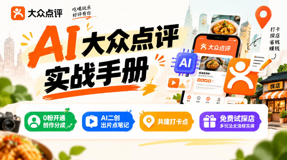 某局的AI大众点评实战手册，0粉开通创作分成、AI二创出片点笔记、共建打卡点、免费试探店多玩法全流程实操-资源宝库