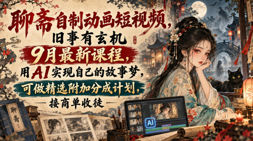 聊斋自制动画短视频，旧事有玄机9月最新课程，用AI实现自己的故事梦，可做精选附加分成计划，接商单收徒-资源宝库