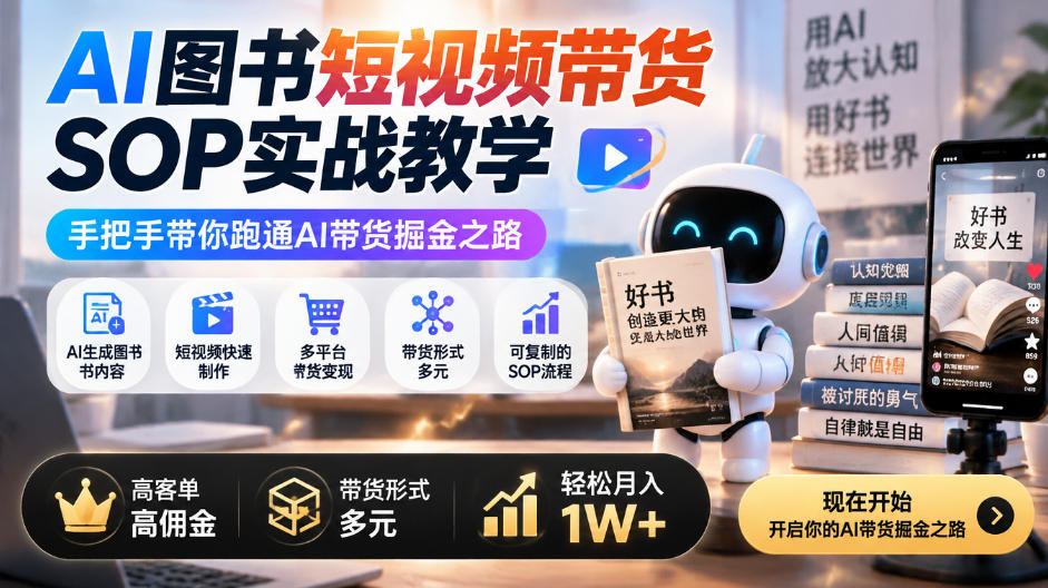 AI图书短视频带货SOP实战教学，手把手带你跑通AI带货掘金之路，高客单高佣金，带货形式多元，轻松月入1W+-资源宝库