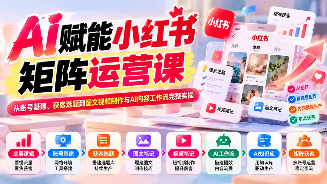 AI赋能小红书矩阵运营课：从账号基建、获客选题到图文视频制作与AI内容工作流完整实操-资源宝库