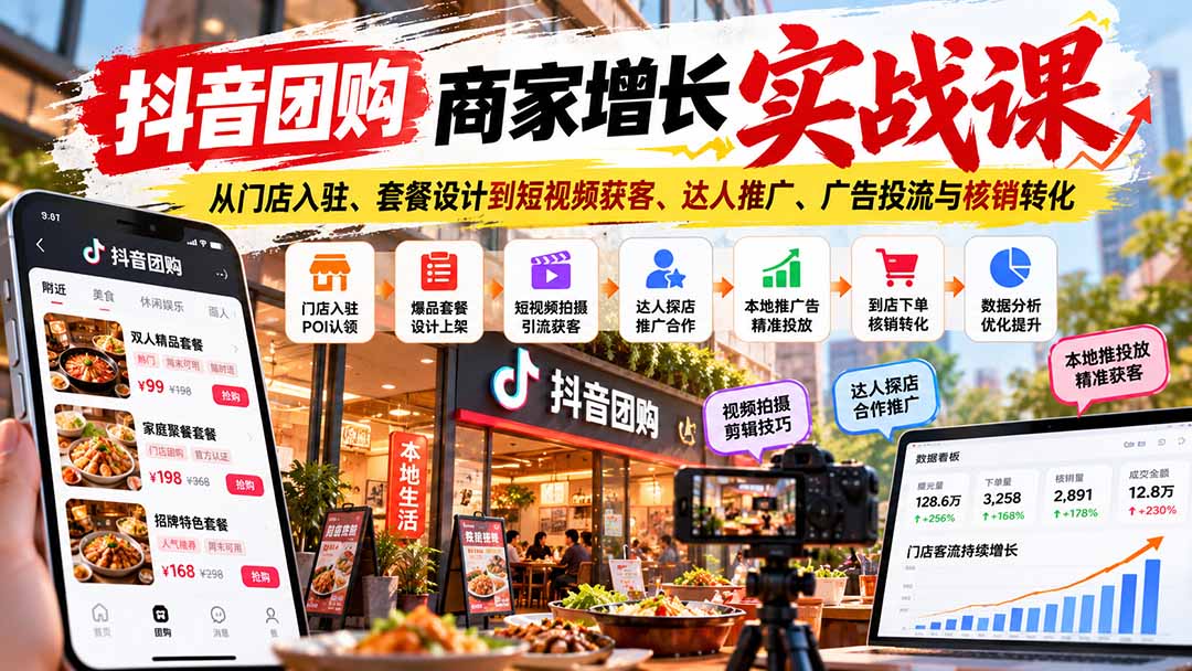 抖音团购商家增长实战课：从门店入驻、套餐设计到短视频获客、达人推广、广告投流与核销转化-资源宝库