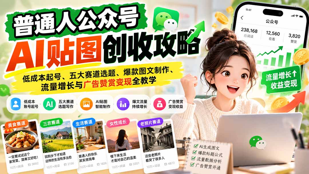 普通人公众号AI贴图创收攻略：低成本起号、五大赛道选题、爆款图文制作、流量增长与广告赞赏变现全教学-资源宝库