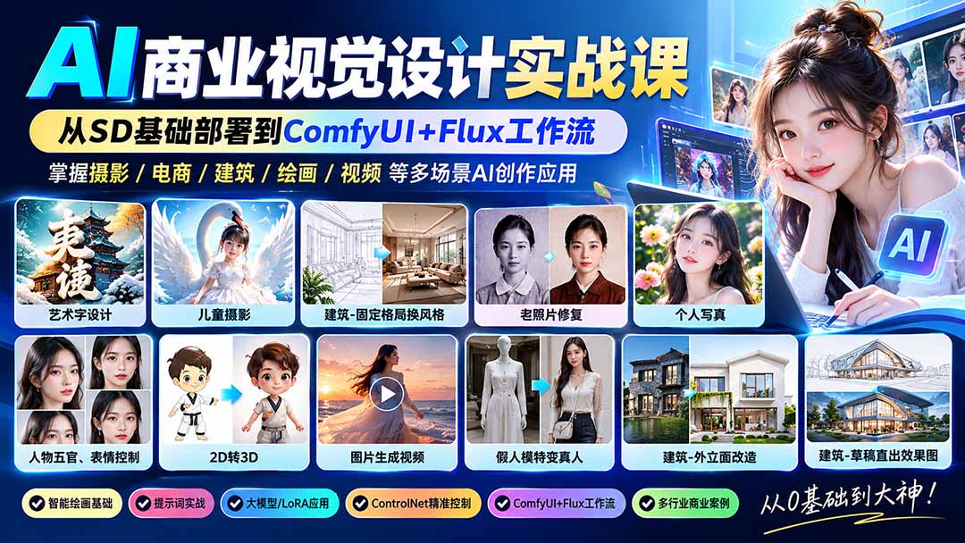 【无水印】AI商业视觉设计实战课：从SD基础部署到ComfyUI+Flux工作流，掌握摄影电商建筑AI创作-资源宝库