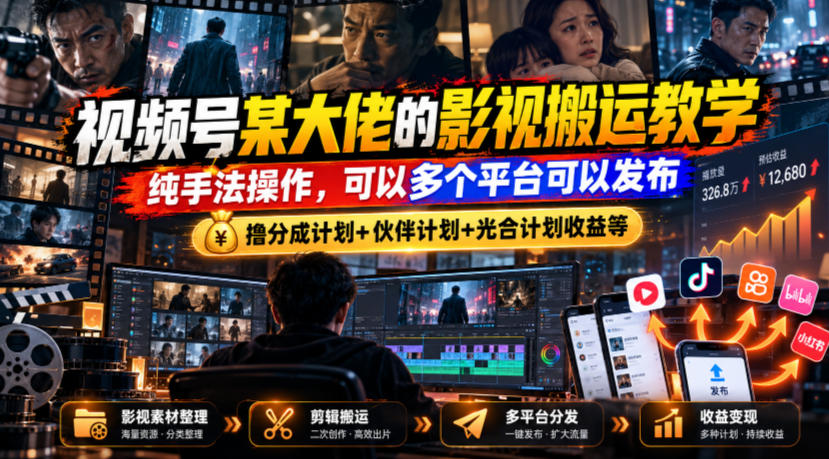 视频号某大佬的影视搬运教学，纯手法操作，可以多个平台可以发布，撸分成计划+伙伴计划+光合计划收益等-资源宝库