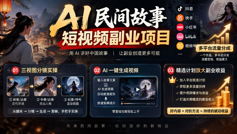 AI民间故事短视频副业项目，多平台流量分成，三视图分镜实操，精选计划放大副业收益-资源宝库