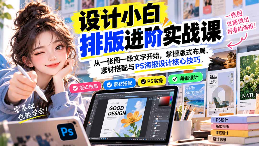 设计小白排版进阶实战课：从一张图一段文字开始，掌握版式布局、素材搭配与PS海报设计核心技巧-资源宝库