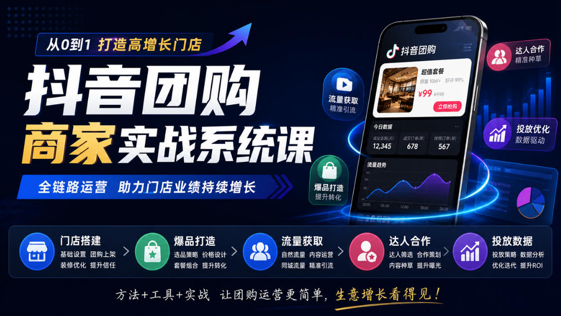 抖音团购商家实战系统课｜门店搭建、爆品打造、流量获取、达人合作、投放数据全链路运营-资源宝库
