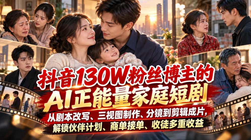 抖音130W粉丝博主的AI正能量家庭短剧，从剧本改写、三视图制作、分镜到剪辑成片，解锁伙伴计划、商单接单、收徒多重收益(更新1007)-资源宝库