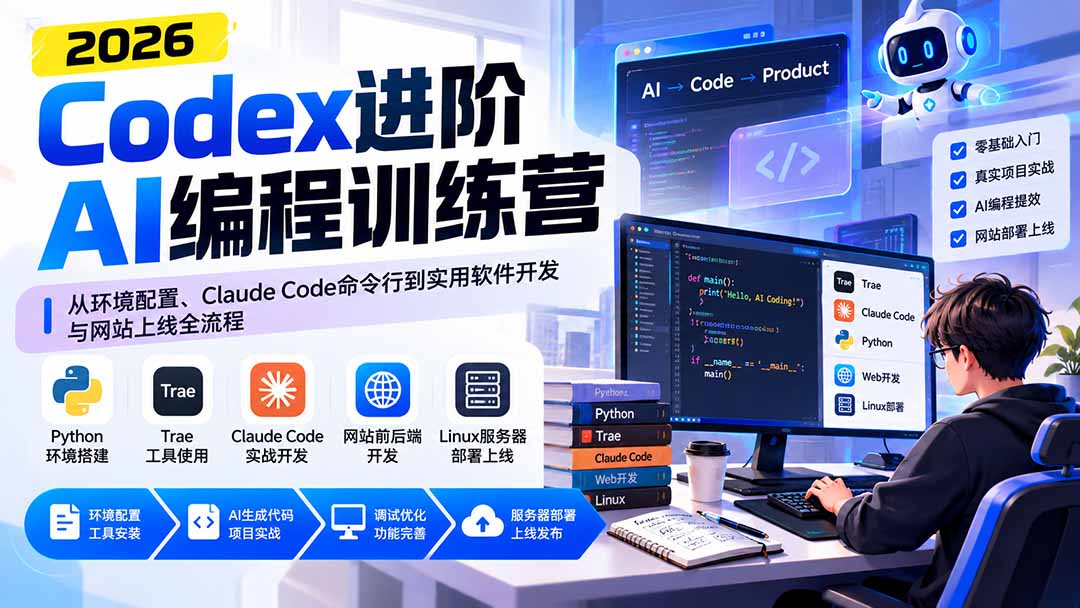 Codex进阶AI编程训练营：从环境配置、Claude Code命令行到实用软件开发与网站上线全流程-资源宝库