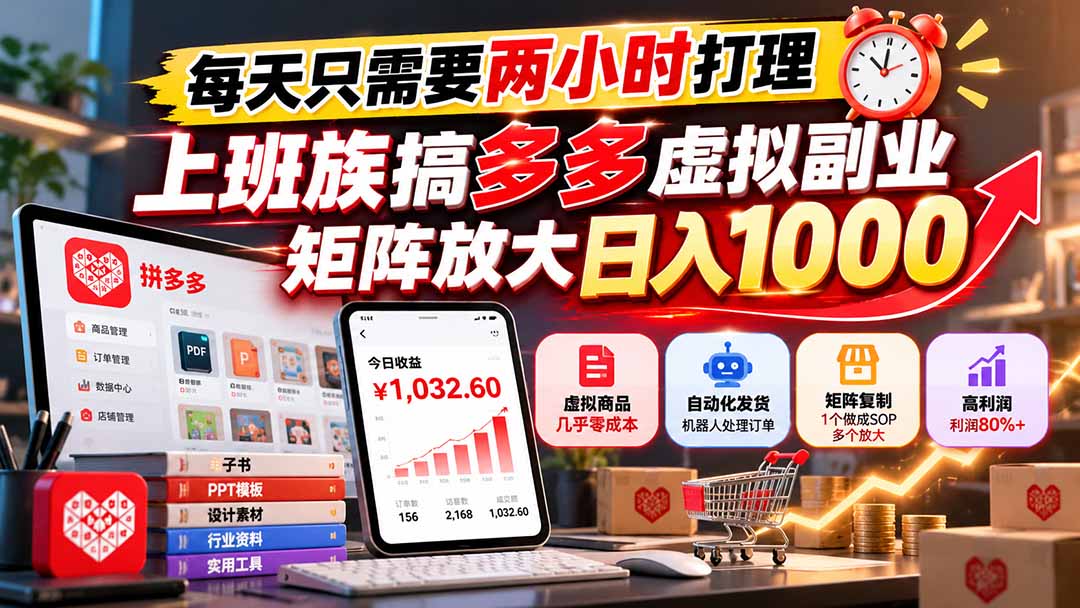每天只需要两小时打理，上班族搞多多虚拟副业，矩阵放大日入 1000-资源宝库