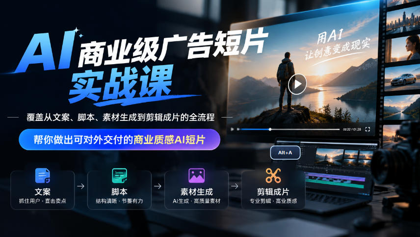 AI商业级广告短片实战课，覆盖从文案、脚本、素材生成到剪辑成片的全流程，帮你做出可对外交付的商业质感AI短片-资源宝库