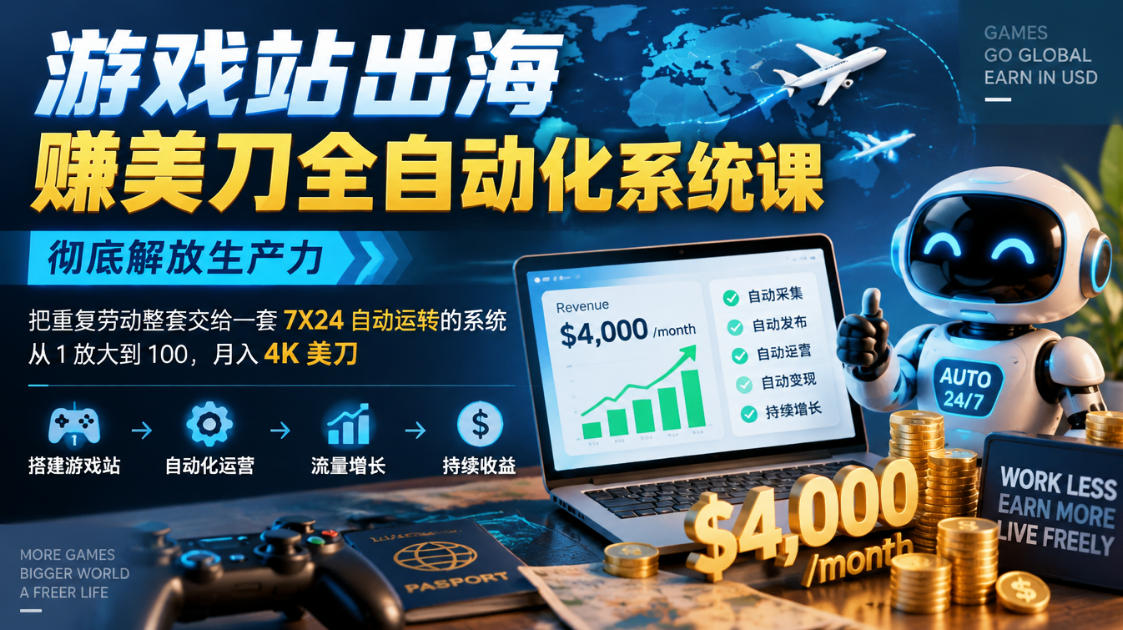 游戏站出海賺美刀全自动化系统课，彻底解放生产力–把重复劳动整套交给一套7X24自动运转的系统，从1放大到100，月入4K美刀-资源宝库