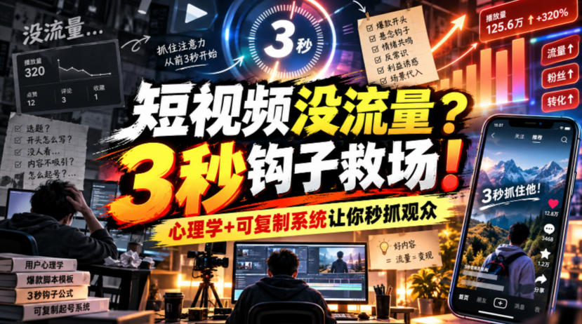 【无水印】短视频没流量？3秒钩子救场！心理学+可复制系统让你秒抓观众【原创双语字幕】-资源宝库