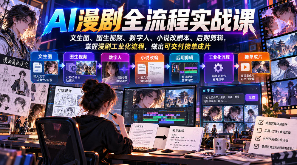 AI漫剧全流程实战课，文生图、图生视频、数字人、小说改剧本、后期剪辑，掌握漫剧工业化流程，做出可交付接单成片-资源宝库