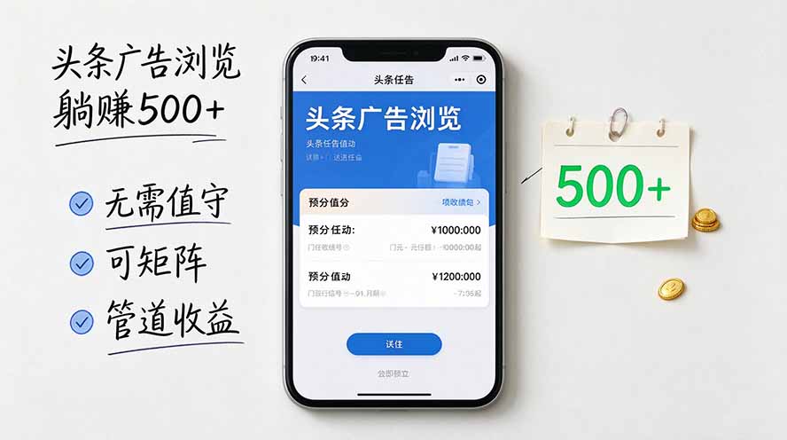 头条广告浏览躺赚500+无需值守，可矩阵并附有管道收益-资源宝库