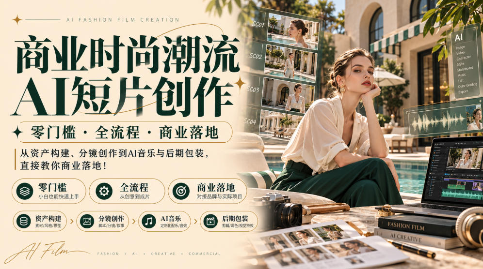 商业时尚潮流AI短片创作｜零门槛・全流程・商业落地，从资产构建、分镜创作到AI音乐与后期包装，直接教你商业落地！-资源宝库