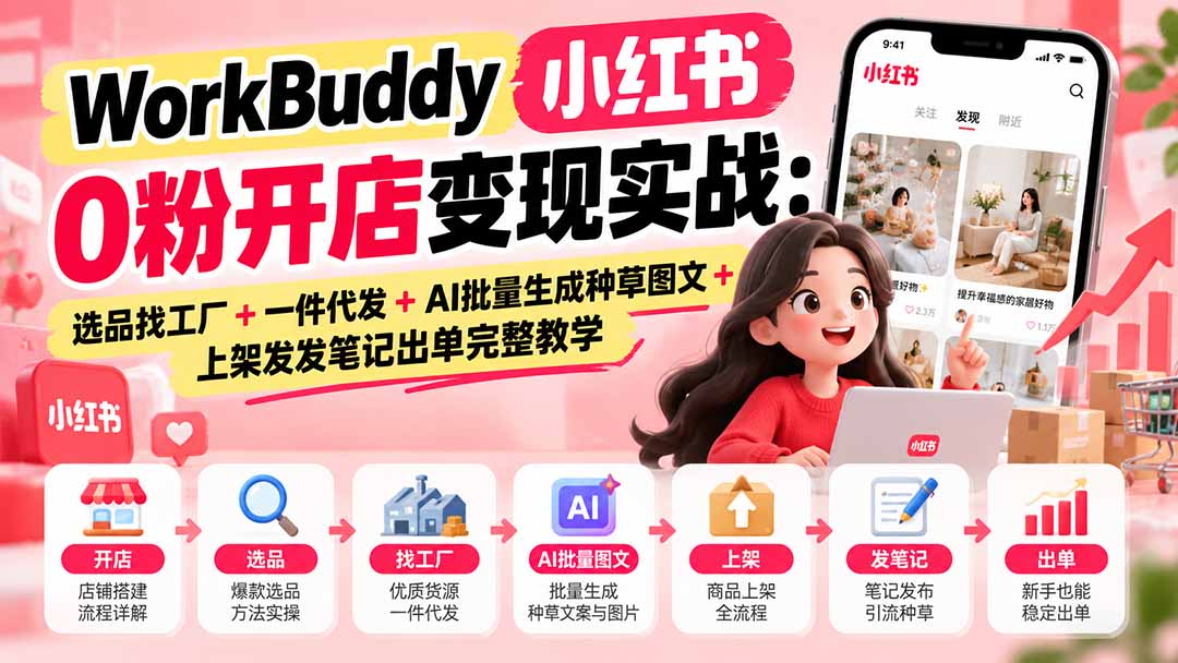 WorkBuddy小红书0粉开店变现实战：选品找工厂+一件代发+AI批量生成种草图文+上架发发笔记出单完整教学-资源宝库