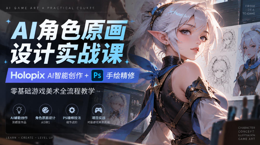AI角色原画设计实战课｜Holopix AI智能创作+PS手绘精修，零基础游戏美术全流程教学-资源宝库