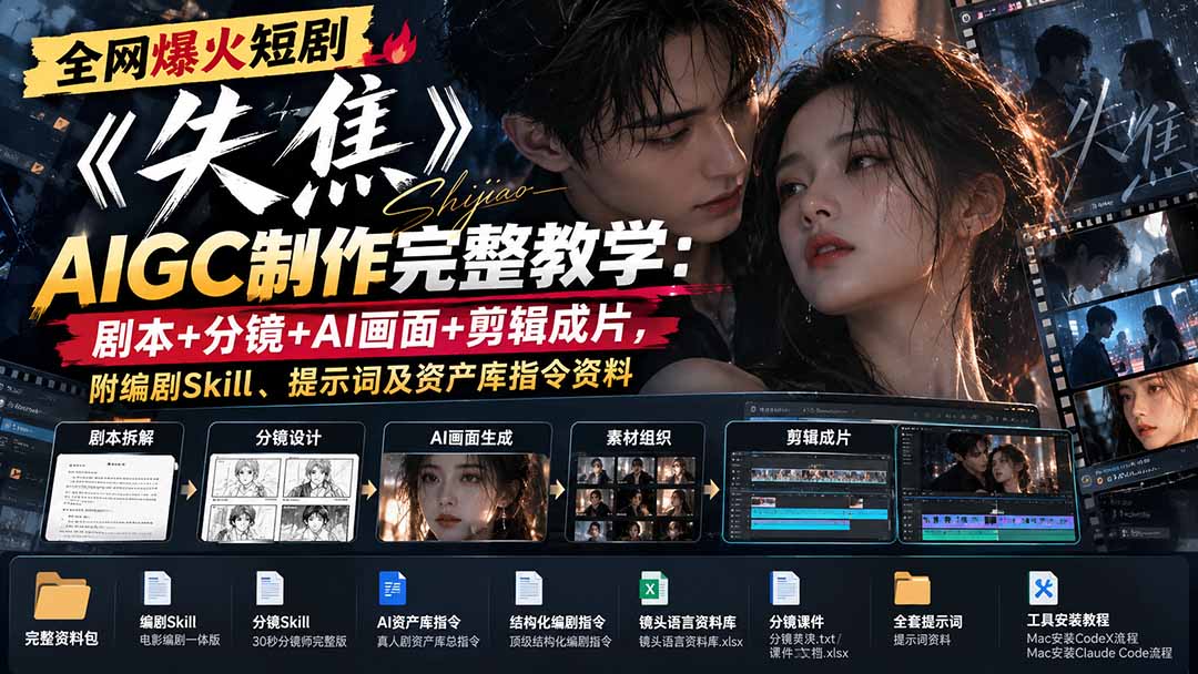 全网爆火短剧《失焦》AIGC制作完整教学：剧本+分镜+AI画面+剪辑成片，附编剧Skill、提示词及资产库指令资料-资源宝库
