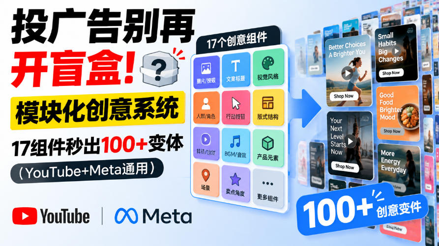 投广告别再开盲盒！模块化创意系统，17组件秒出100+变体(YouTube+Meta通用)【原创双语字幕】-资源宝库