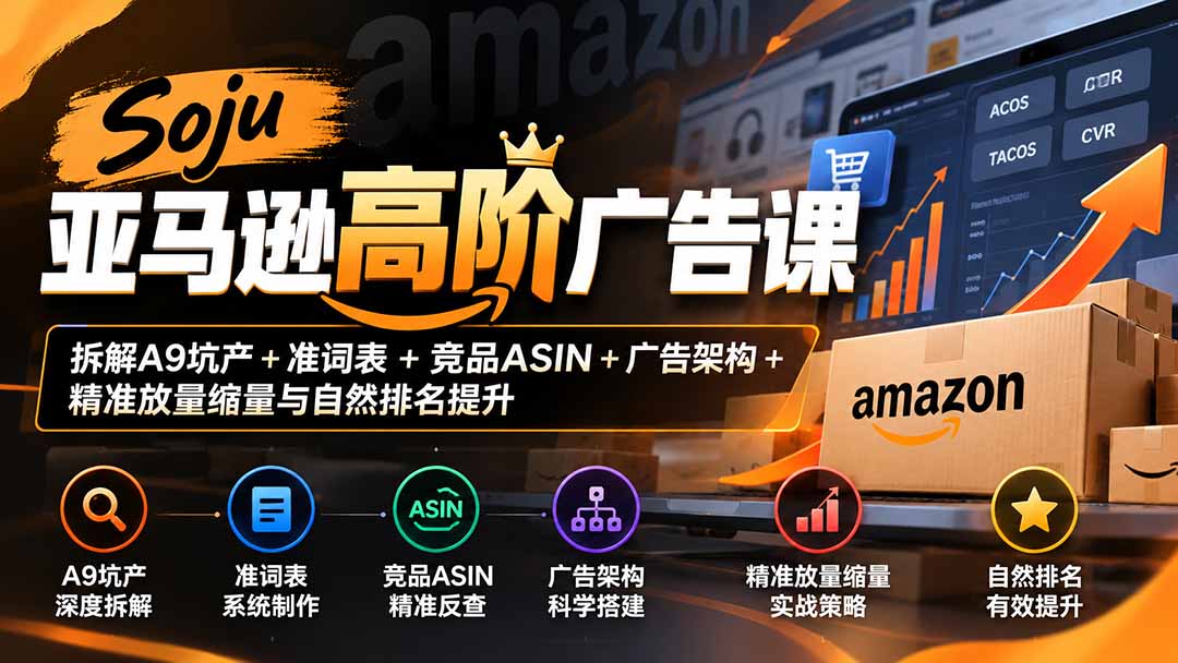 Soju亚马逊高阶广告课：拆解A9坑产+准词表+竞品ASIN+广告架构+精准放量缩量与自然排名提升-资源宝库