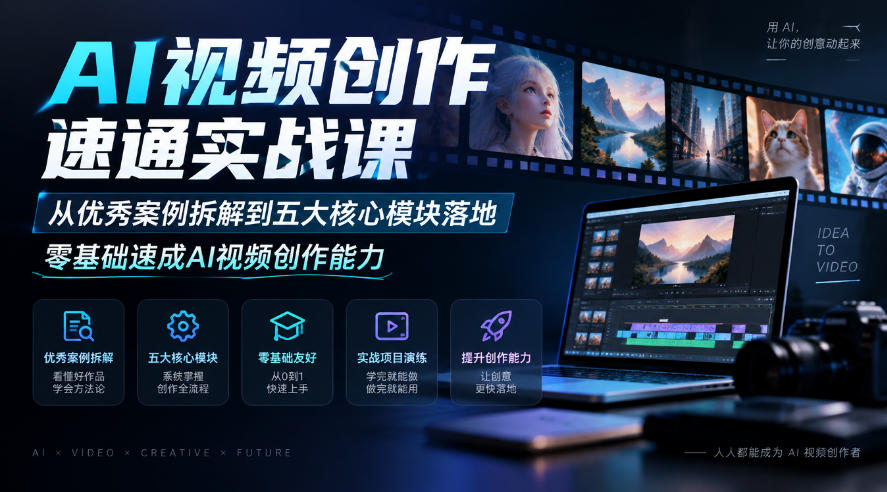 AI视频创作速通实战课｜从优秀案例拆解到五大核心模块落地，零基础速成AI视频创作能力-资源宝库